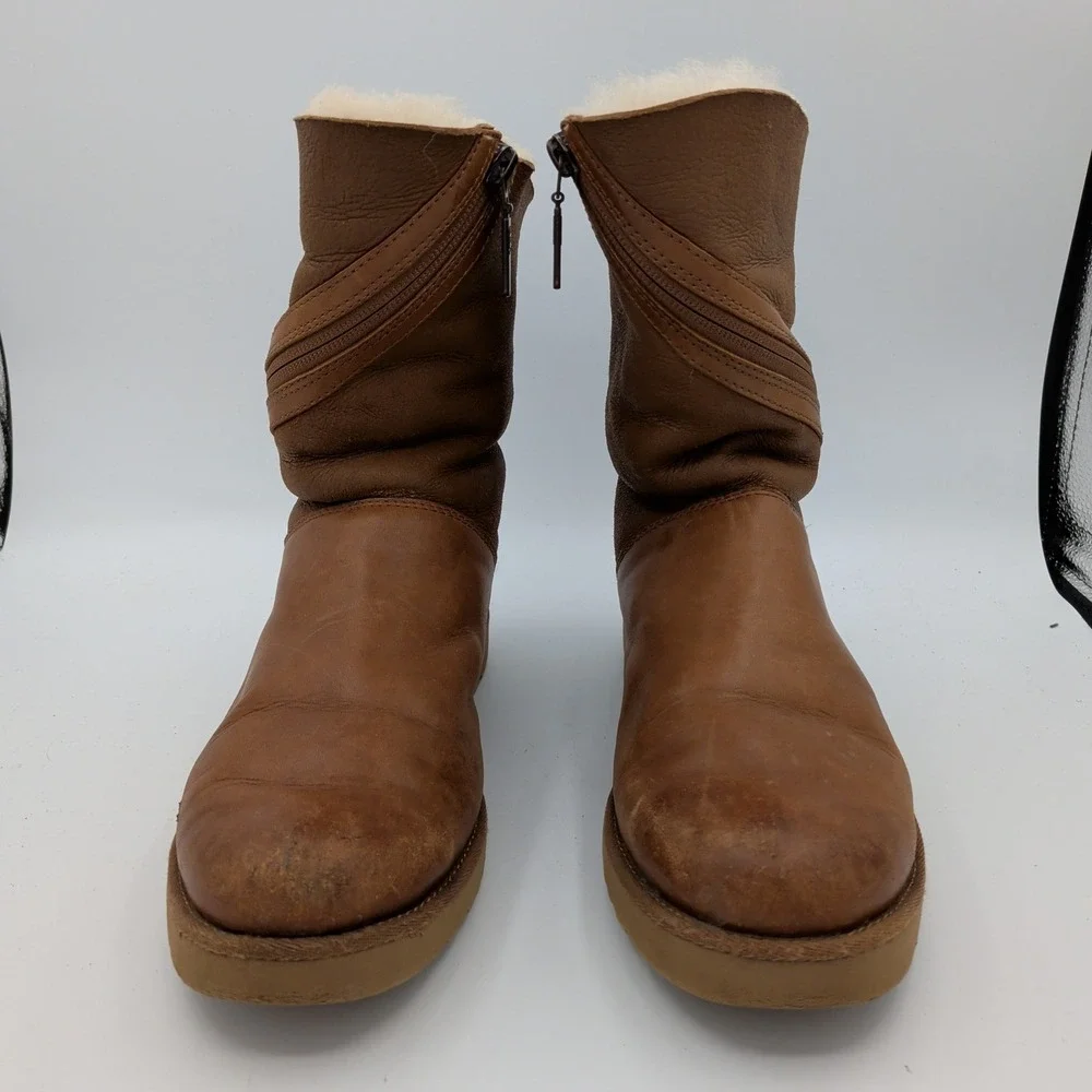 UGG Alba 1014442 Women Brown Leather Shearling Lined Zip Mid Calf Boots Size 8.5